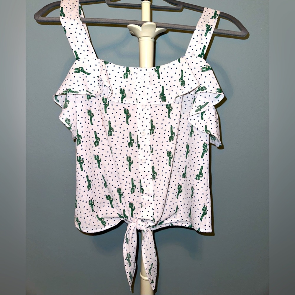 No sleeved, Cacti print, fake button blouse